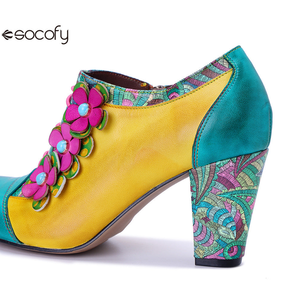 Socofy Leather Genuine Leather Vintage Floral Chunky Heeled Pumps