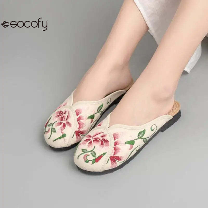 Socofy Spring Summer Outside Embroider Flat Slippers