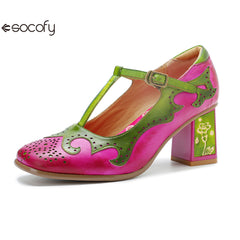 Socofy Handmade Leather Vintage Mary Jane Heels