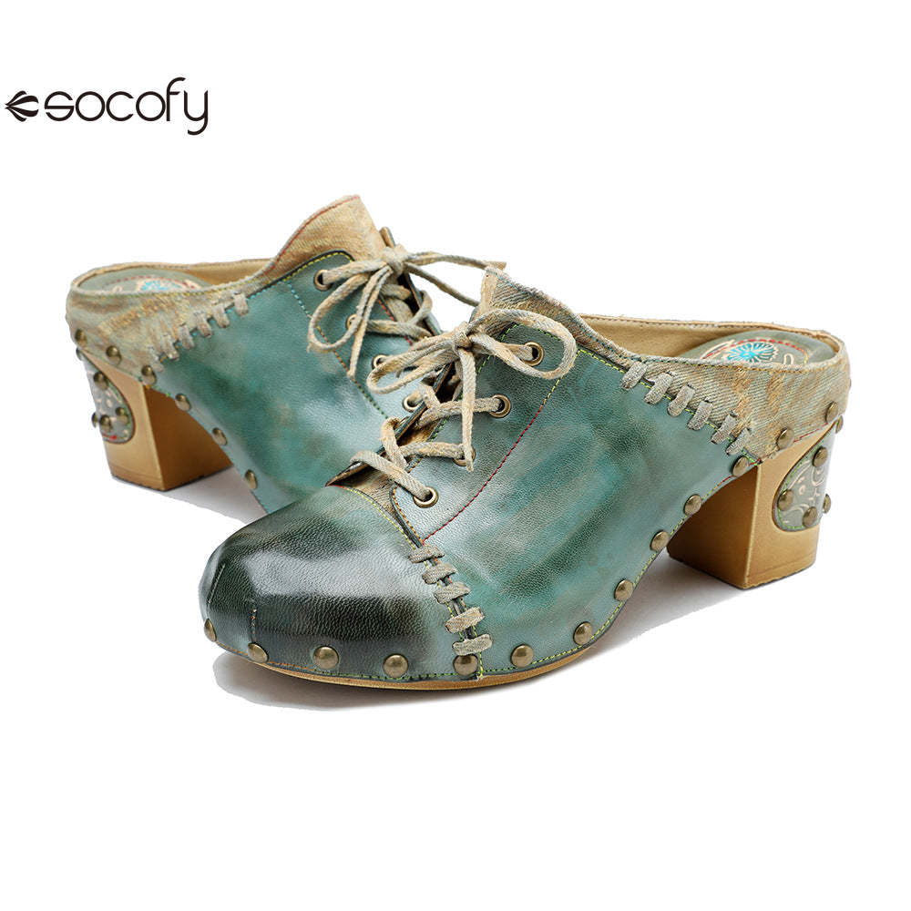 Socofy Leather Retro Street Style Rivet Chunky Heeled High Heels