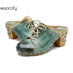 Socofy Leather Retro Street Style Rivet Chunky Heeled High Heels