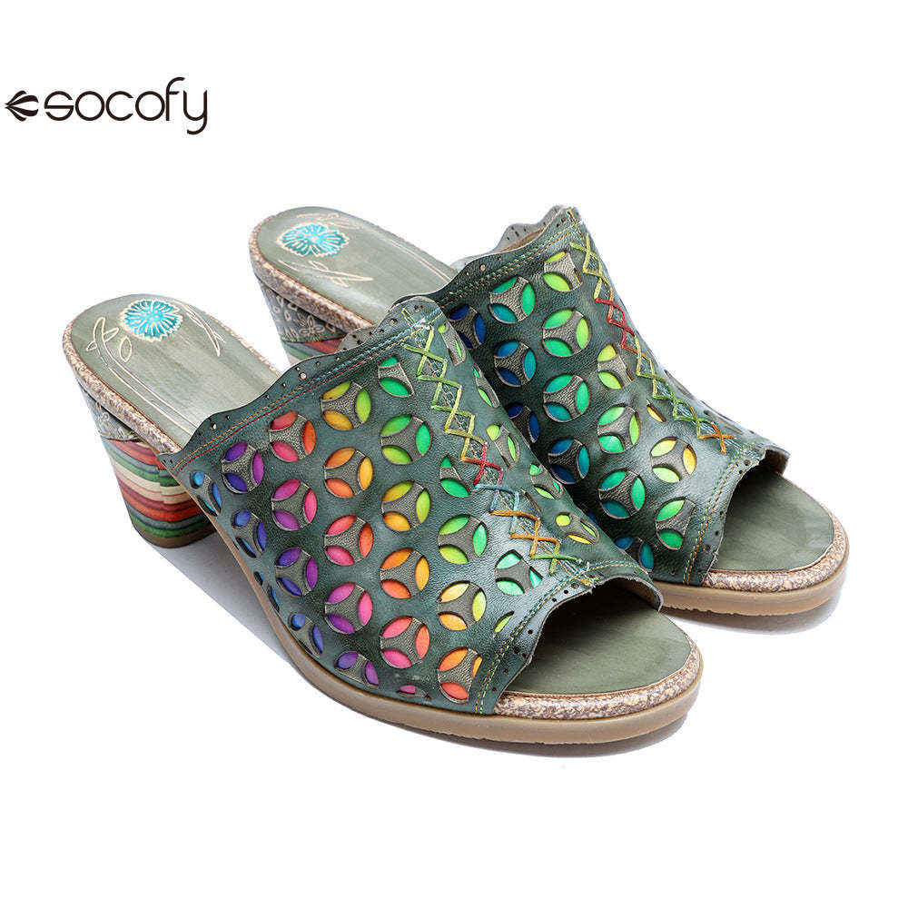 Socofy summer leather rubbed retro colourful hollow out high heel sandals