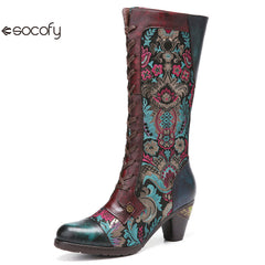 Socofy Autumn and winter women's high-heeled warm and wear-resistant high round toe boots for women