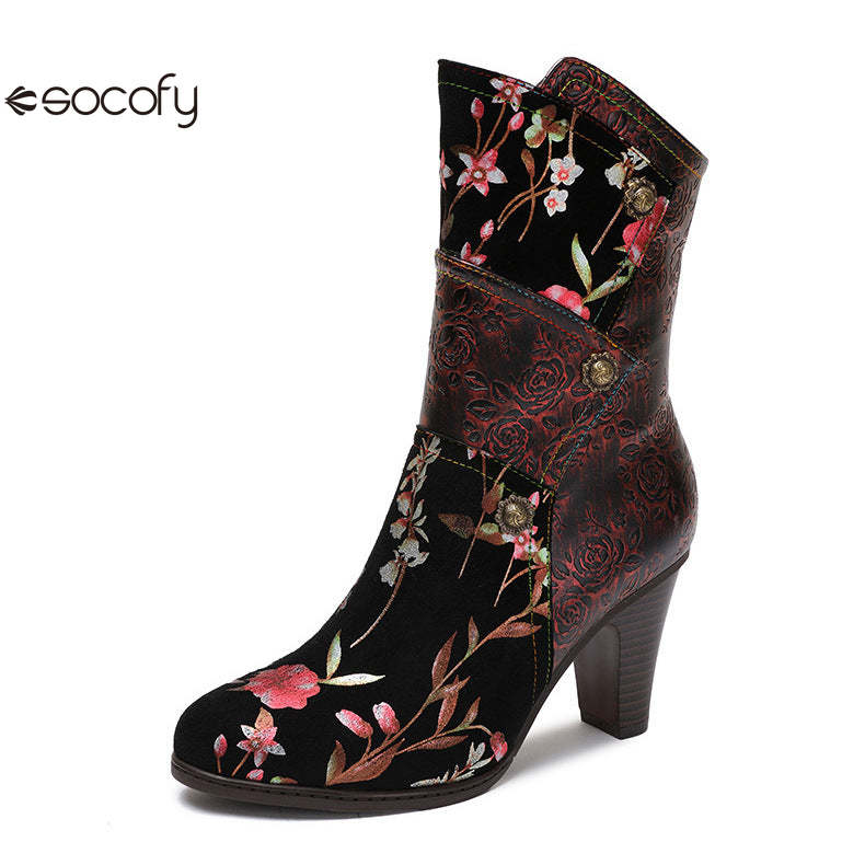 Socofy Vicconfy Court Leather Vintage Handmade High Heel Women's Boots