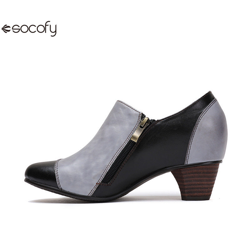 Socofy Vicconfy Genuine Leather Ethnic Style Handmade Vintage Literary Buckle Heels