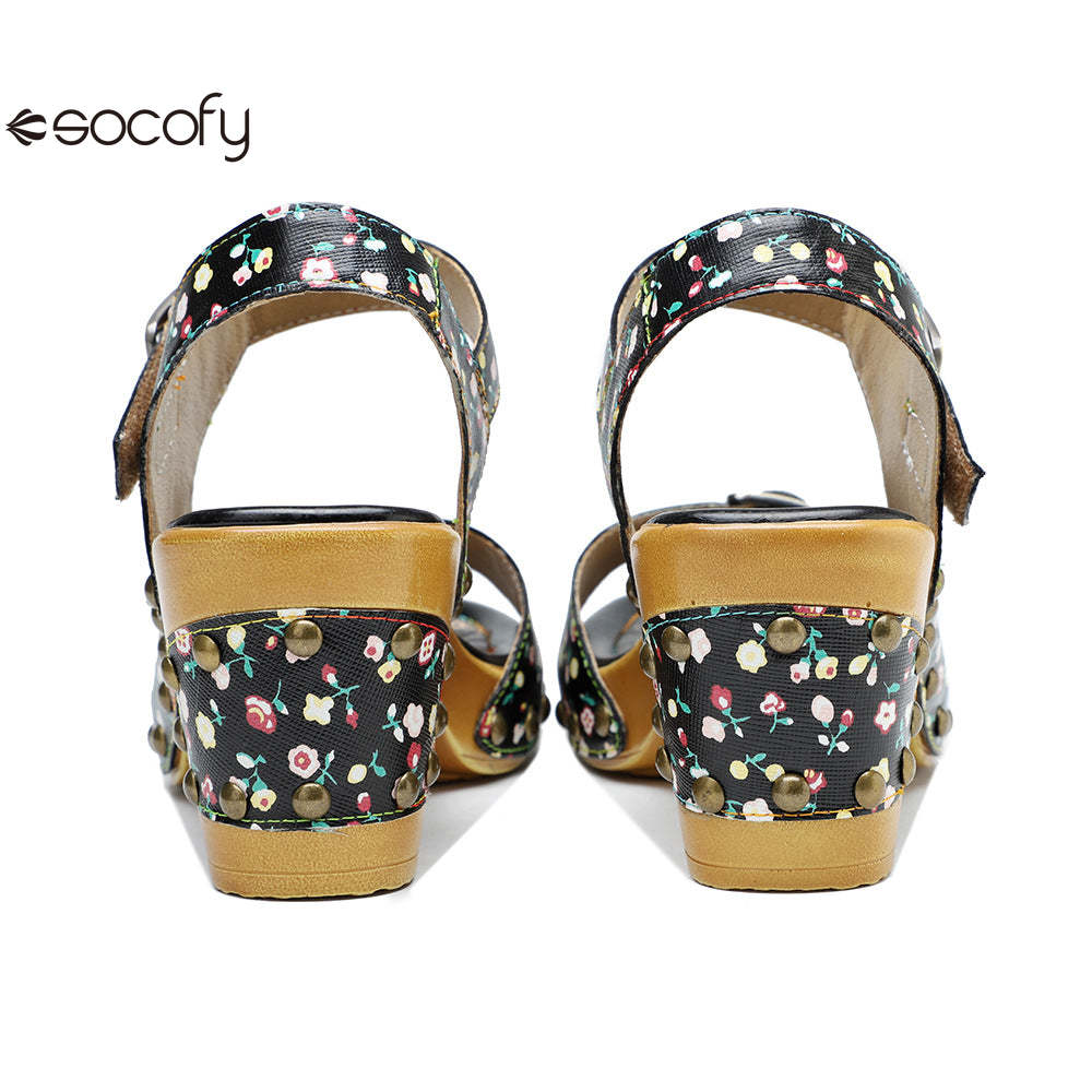 Socofy Leather Vintage Floral American Rustic Heeled Sandals