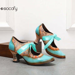 Socofy Summer flower blue ethnic style high-heeled ribbon lace-up women's shoes