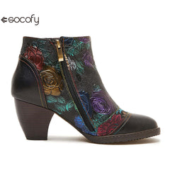 Socofy retro cowhide round toe heightening women's boots