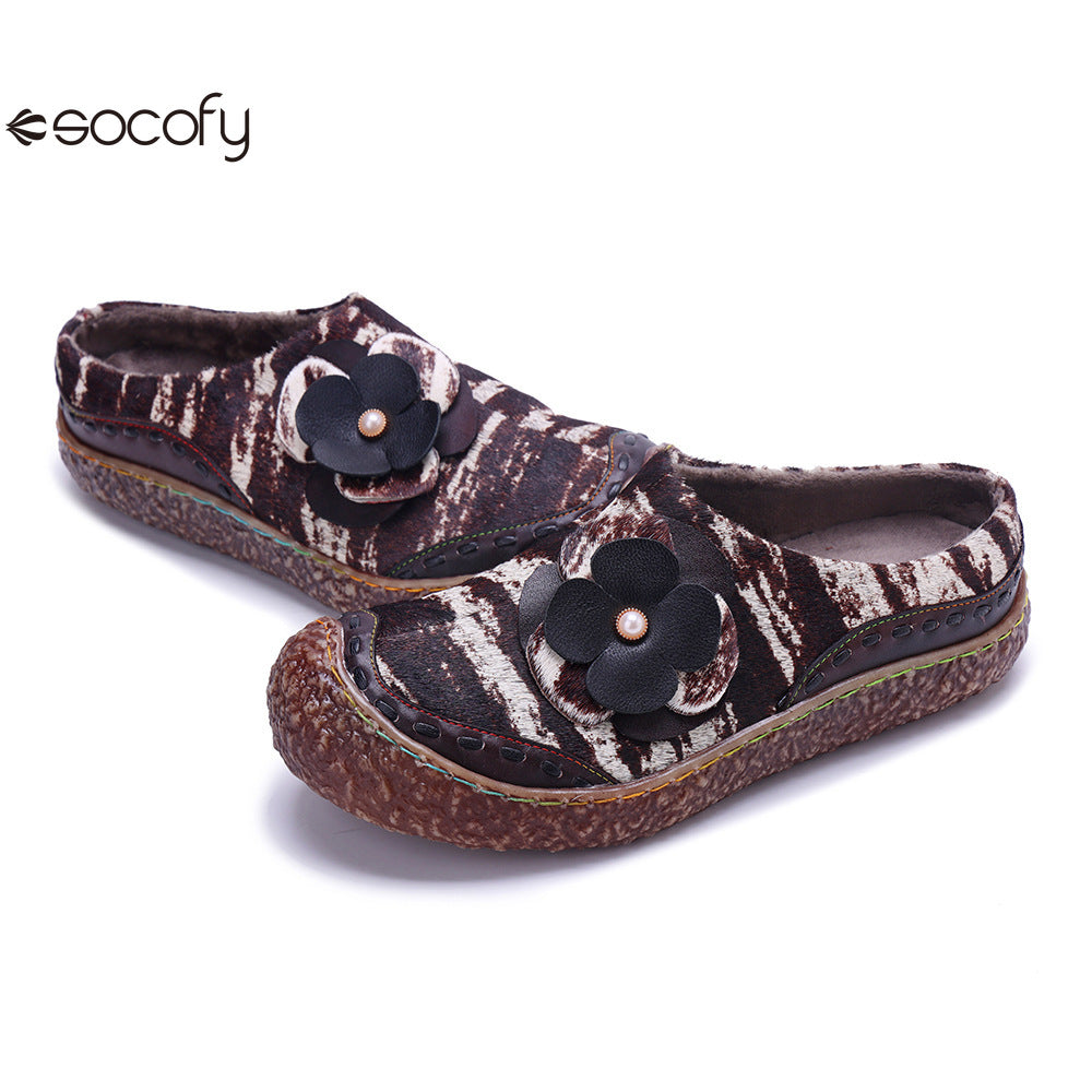 Socofy Vicconfy Genuine Leather Pony Hair Cubic Flower Retro Comfort Loafers