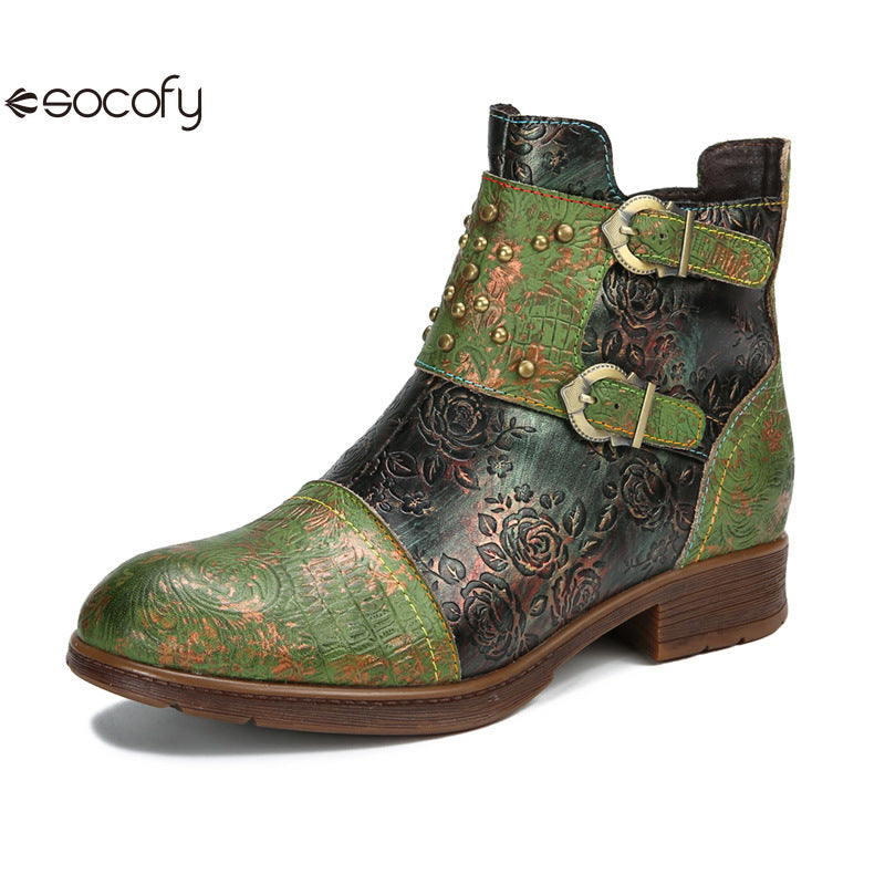 Socofy Vicconfy Genuine Leather Ethnic Vintage Rivet Belt Buckle Boots