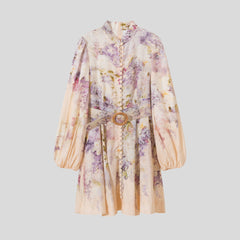 Stand collar X-shaped wide belt linen light purple printed dress