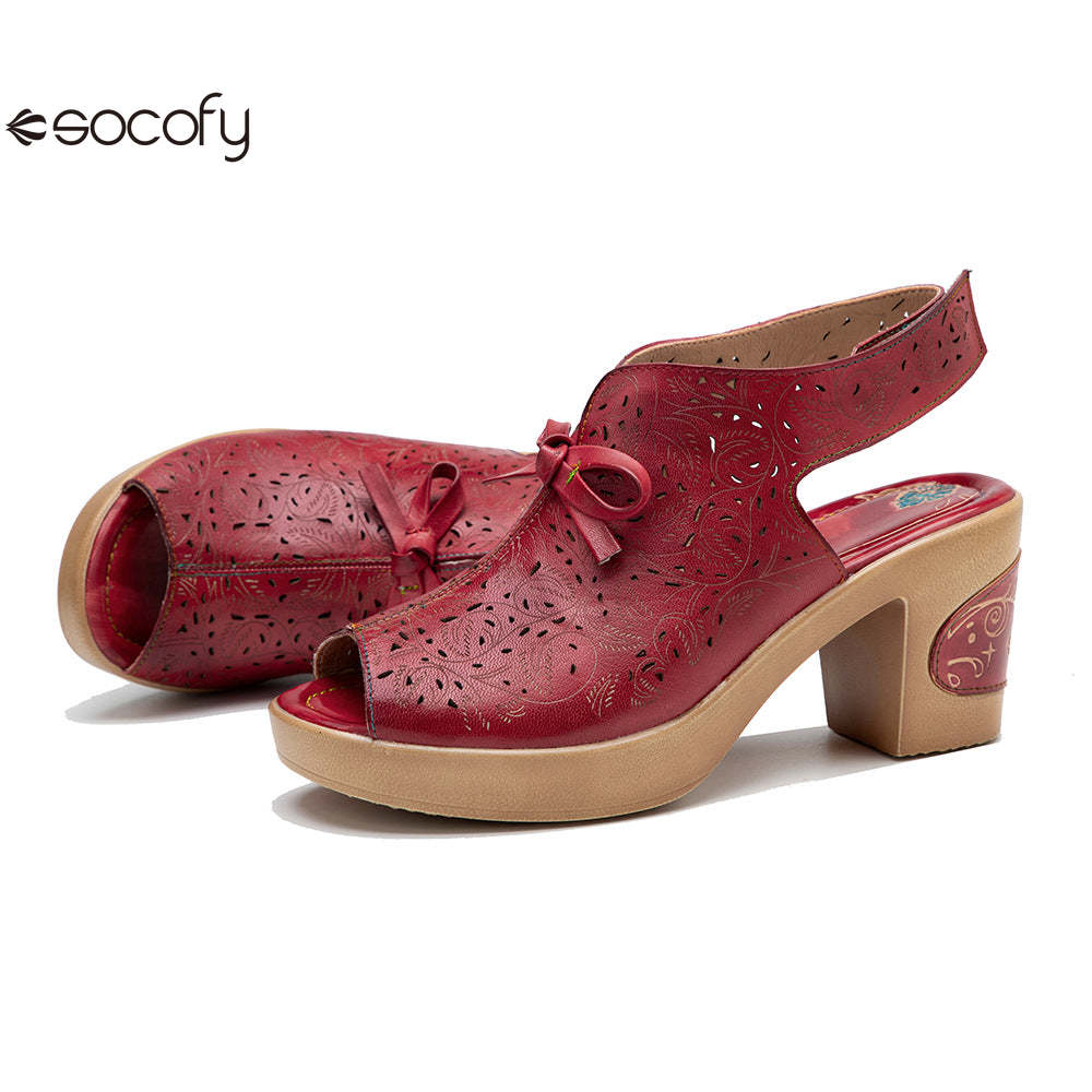 Socofy Summer Leather Retro Hollow Out High Heel Sandals