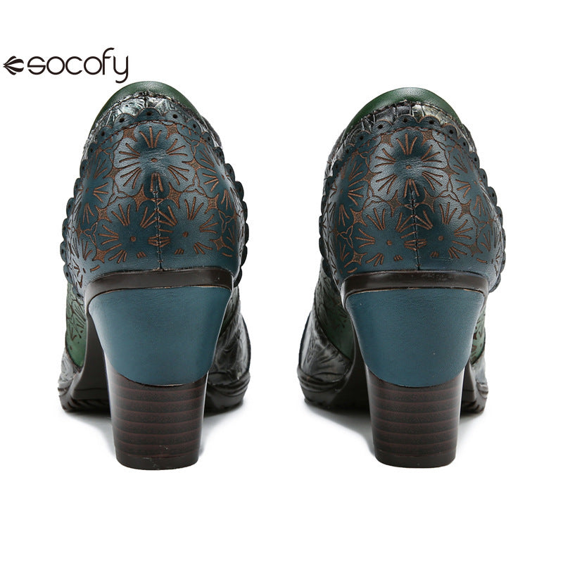 Socofy Genuine leather three-dimensional flower high heel pump