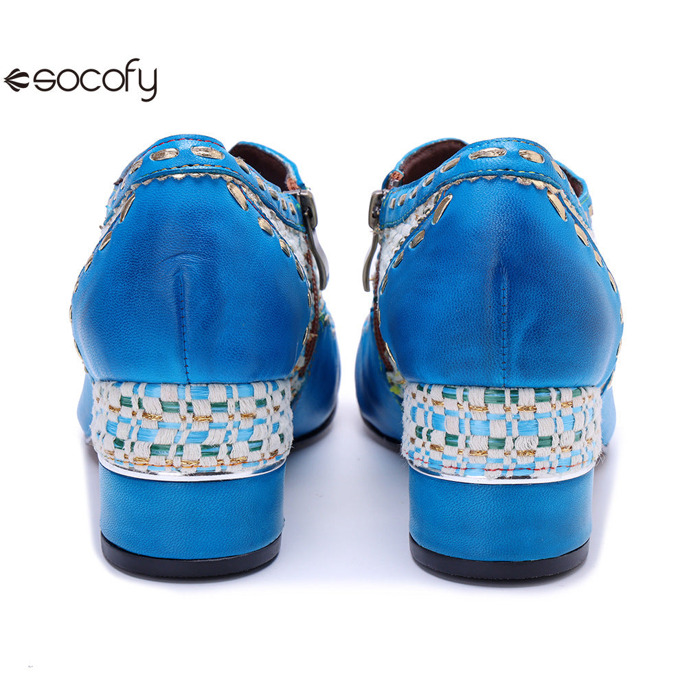 Socofy Genuine Leather Vintage Boho Woven Side Zipper Pumps