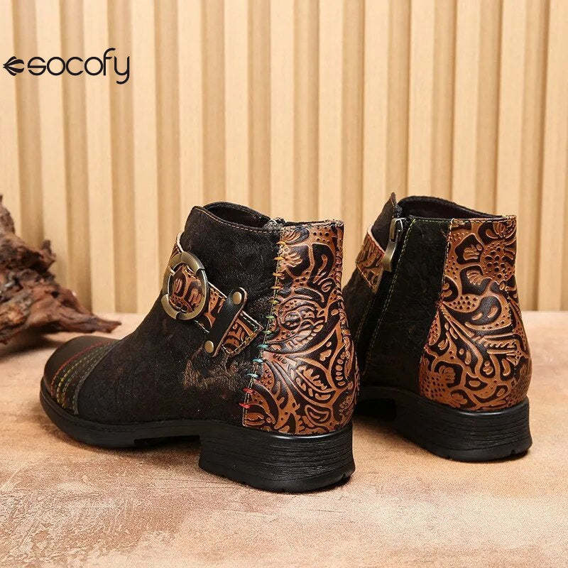 SOCOFY Genuine Leather Ethnic Style Round Toe Belt Buckle Handmade Embossing Short Boots