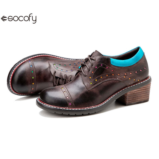 Socofy Leather Star Deco Lace Up Chunky Heel Single Shoes 1000