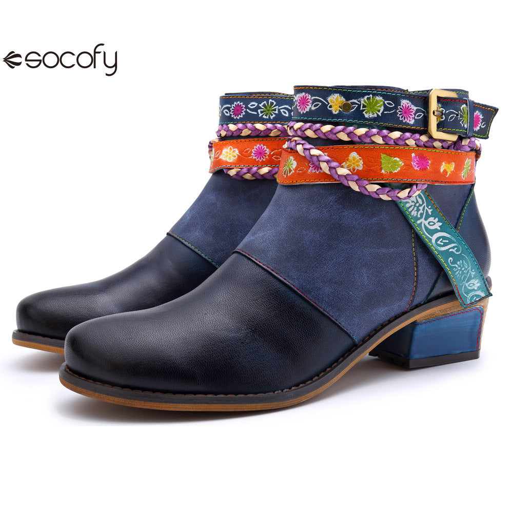 Socofy Vicconfy Genuine Leather Braided Strap Cowboy Style Women's Boots