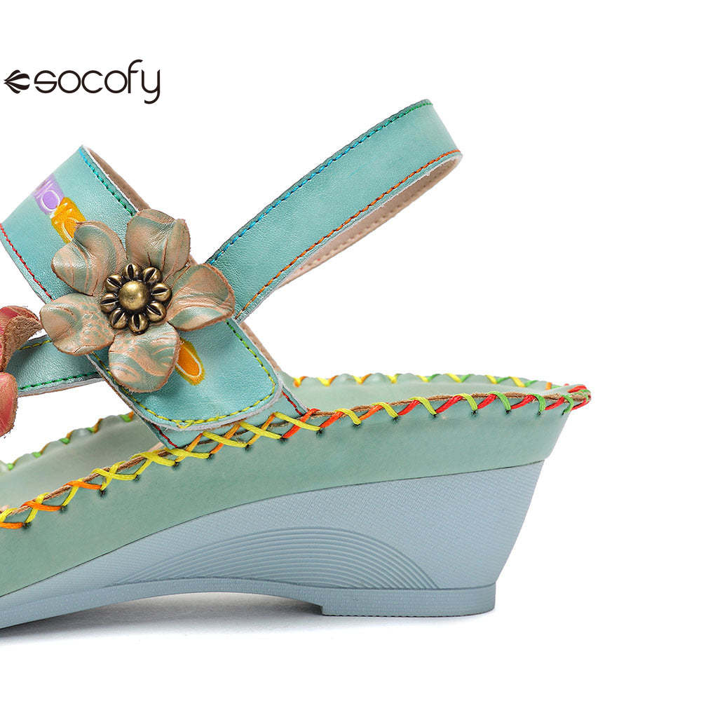 Socofy Vicconfy Genunie Leather Floral Handmade Women's Sandals