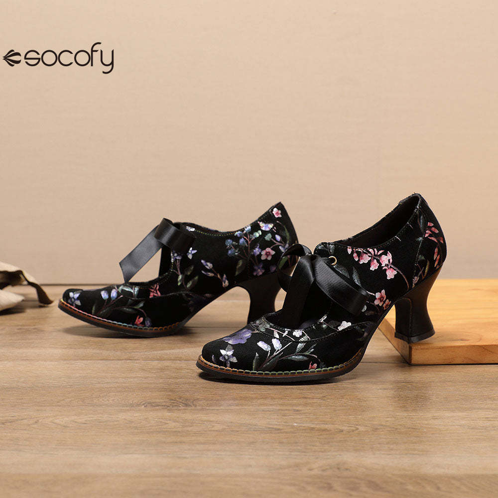 Socofy Flower Antique Style High Heel Round Toe Women's Shoes