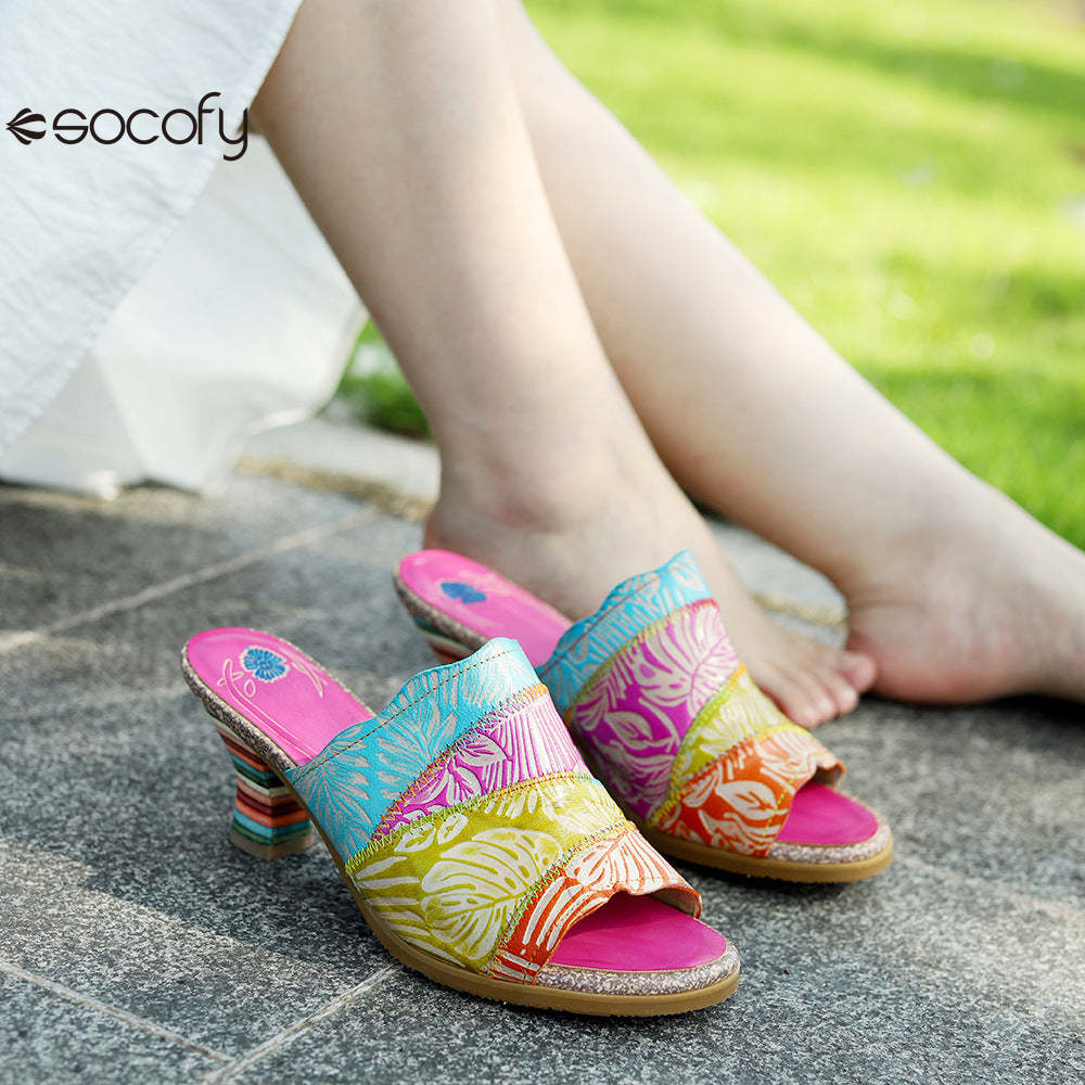 Socofy Summer Leather Vintage Colour Block High Heeled Sandals