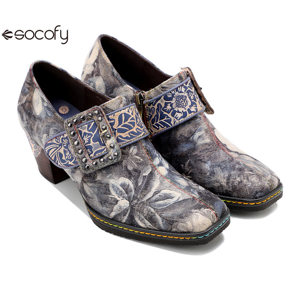 Socofy  Vicconfy Genuine Leather Vintage Style Water Print High Heeled Single Shoes