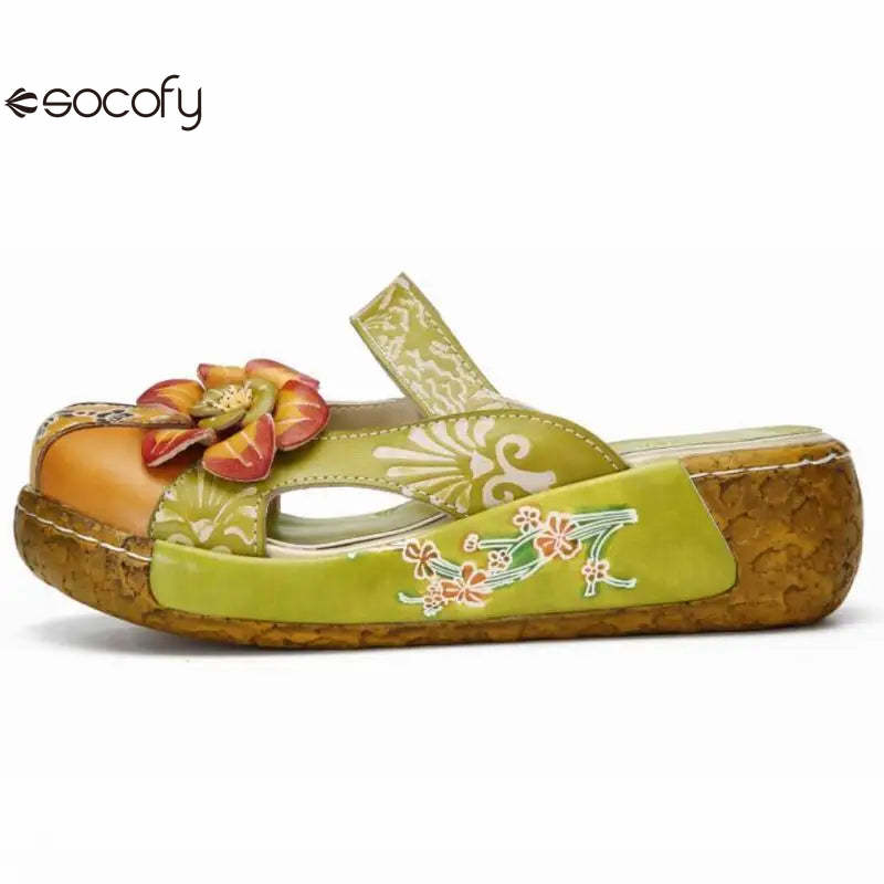 Socofy Flower Genuine Leathe Handmade Slides Flip Flop Women Slippers