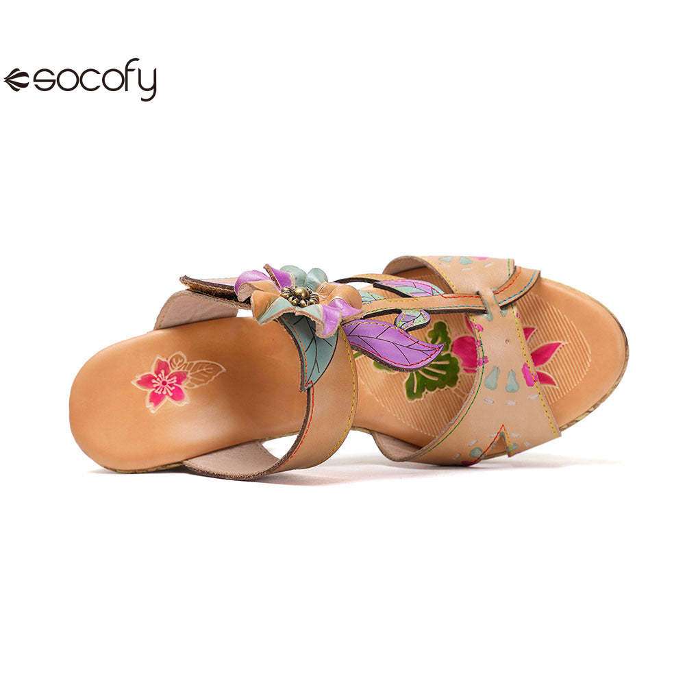 Socofy Vicconfy Flower Patchwork Head Cowhide High Heel Women's Sandals Slippers