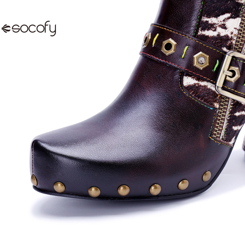 Socofy Vicconfy Retro Handmade Zebra Pattern Buckle Ankle Boots