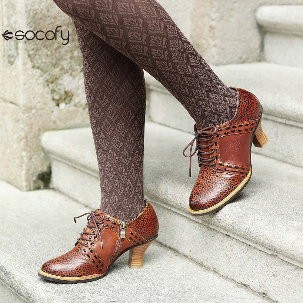 Socofy Leather Leopard Print Lace Up Women's High Heels