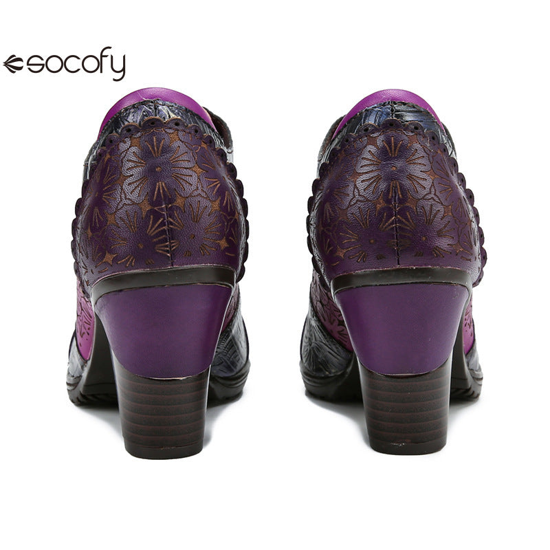 Socofy Genuine leather three-dimensional flower high heel pump