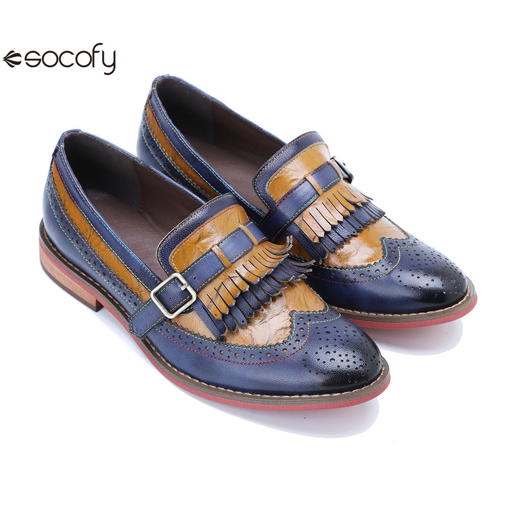 Socofy Genuine Leather Women's Retro Colorblocking Tassel Flat Comfort Loafers