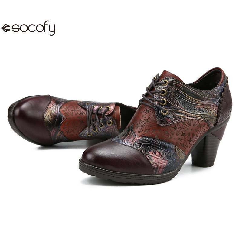 Socofy Genuine leather three-dimensional flower high heel pump