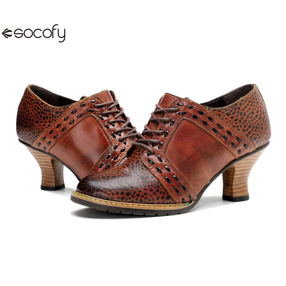 Socofy Leather Leopard Print Lace Up Women's High Heels