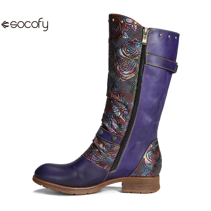 Socofy Vicconfy Side Zipper Vintage Floral Flat Heel Long Boots