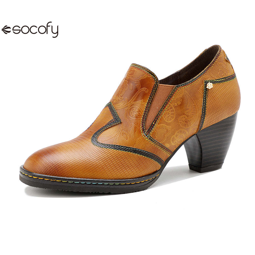 Socofy genuine leather retro style women's thick heel high heels