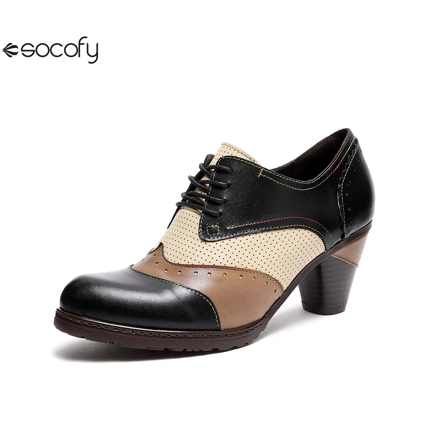 Socofy Thick-heeled retro ethnic style low-top round-toe women pumps