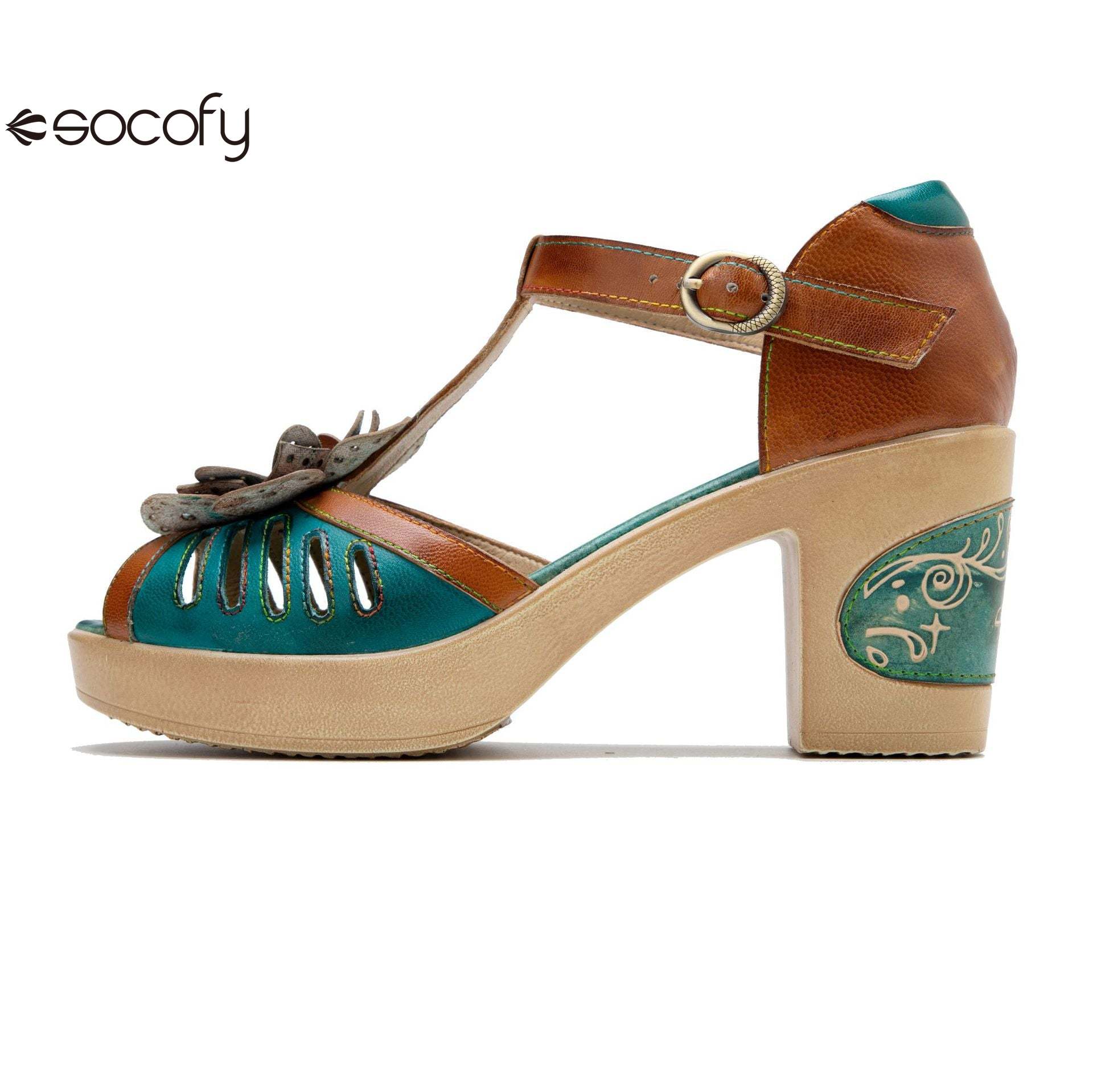 Socofy spring and summer leather retro casual three-dimensional flowers buckle strap women's sandals