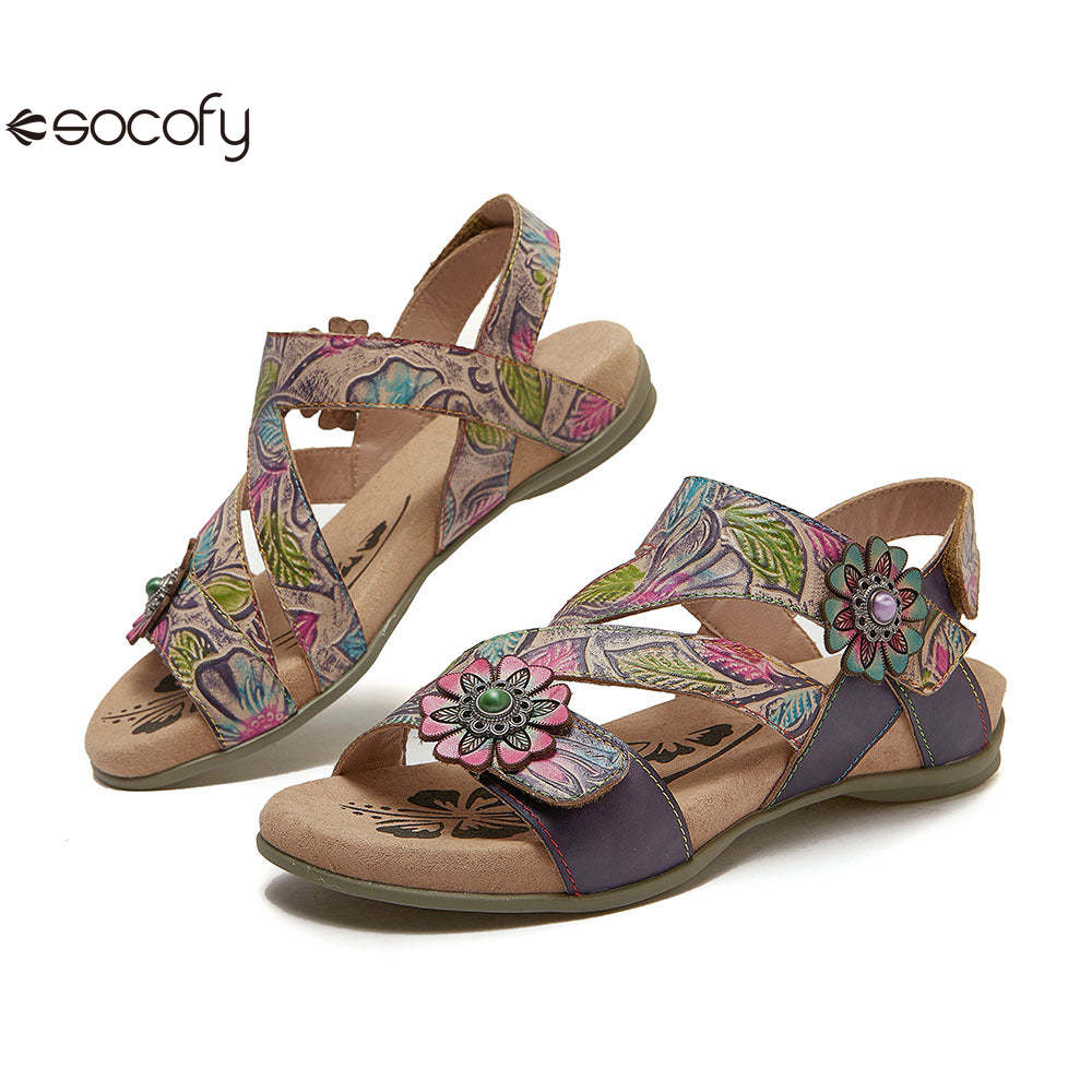 Socofy Bohemian retro first-layer cowhide flower-embellished women's sandals