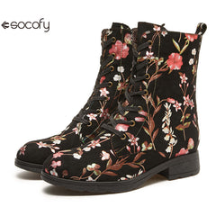 Socofy Autumn and winter warm and wear-resistant mid-calf round-toe cowhide leather fashion boots