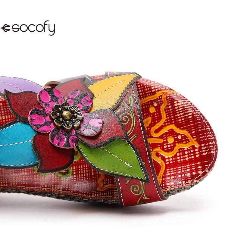 Socofy genuine genuine leather bohemian floral vintage sandals