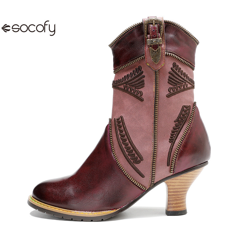 Socofy Vicconfy Leather Electric Embroidered Zipper Ankle Boots