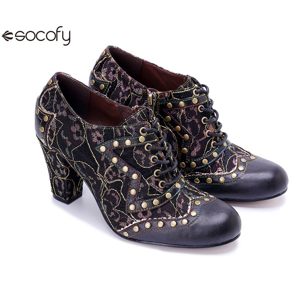 Socofy genuine leather Women's Leather Rivet Retro Fashion High Heeled Shoes