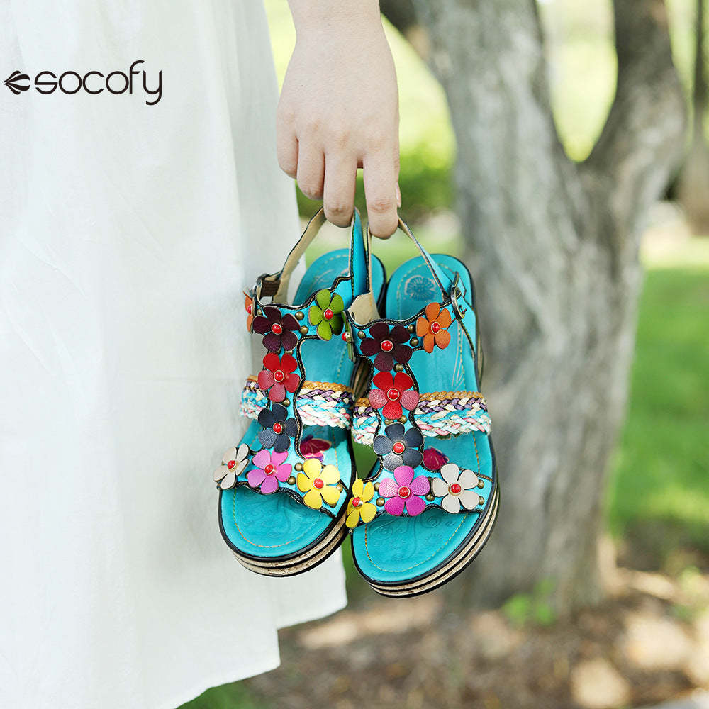 Socofy summer genuine leather bohemian style comfortable wedge sandals for women