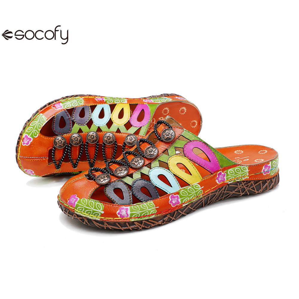 Socofy Summer Leather Hollow Out Buckle Comfortable Flat Women's Slippers