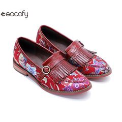 Socofy Handmade Leather Vintage Printed Tassel Flat Loafers Shoes