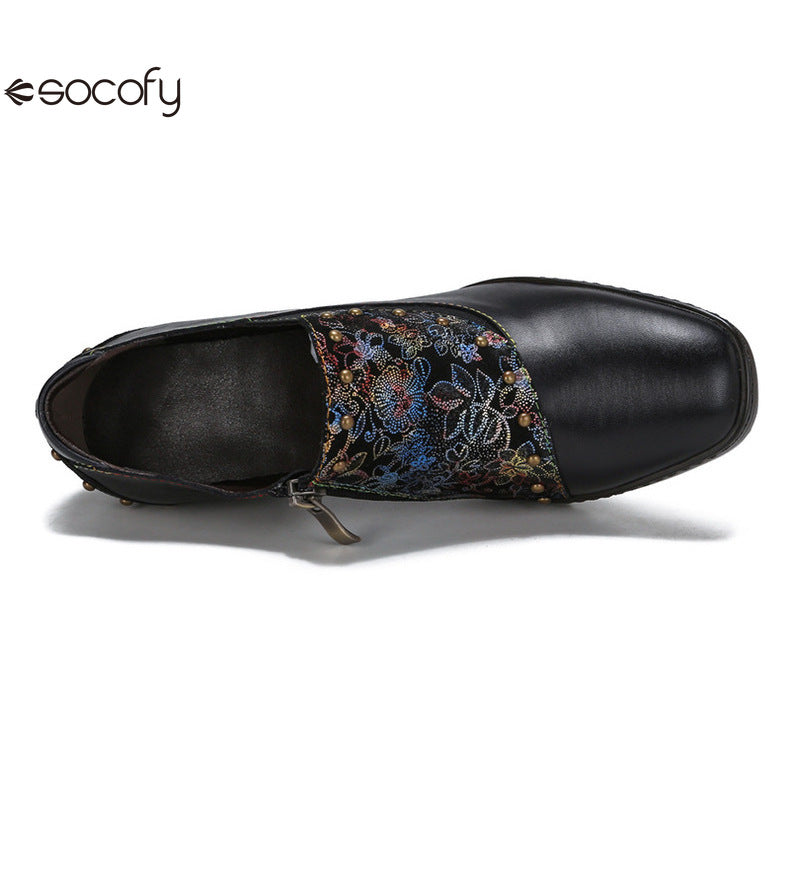 Socofy Vicconfy Round Toe Leather Fashion Side Zipper Heels Single Shoes Women's Shoes