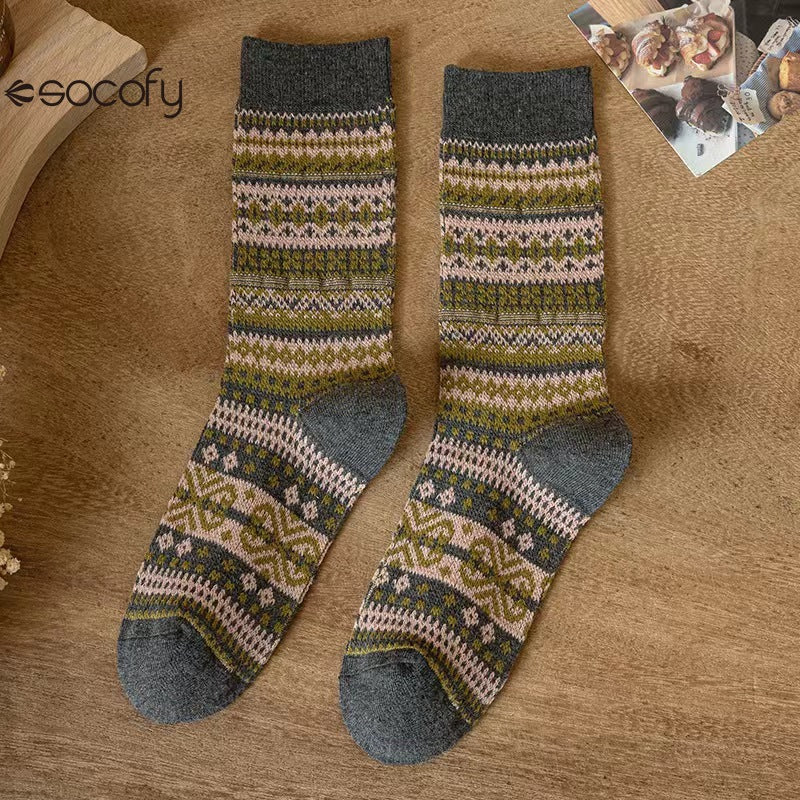 Socofy Vicconfy Mid-calf Socks Vintage Ethnic Striped Cotton Socks