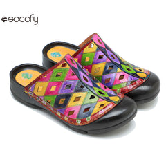 Socofy Genuine leather hand-rubbed casual retro colorful hollow comfortable flat slippers