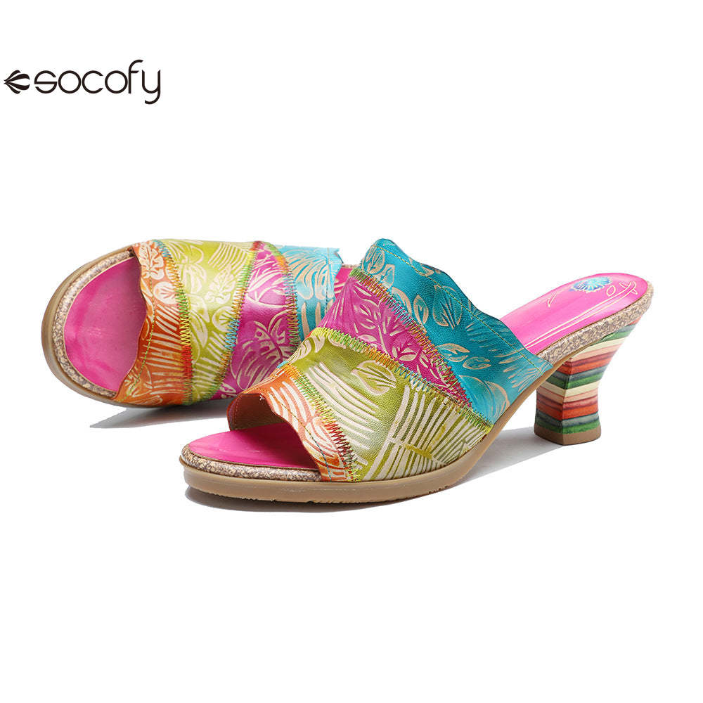 Socofy Summer Leather Vintage Colour Block High Heeled Sandals