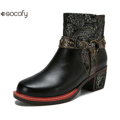 Socofy Vicconfy Ethnic Women's Leather Boots Side Zipper Fashion Boots